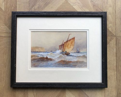fig 1. A Moore Signed Original late 19th Century Antique Watercolour Painting 'Running the Nets' English Seascape