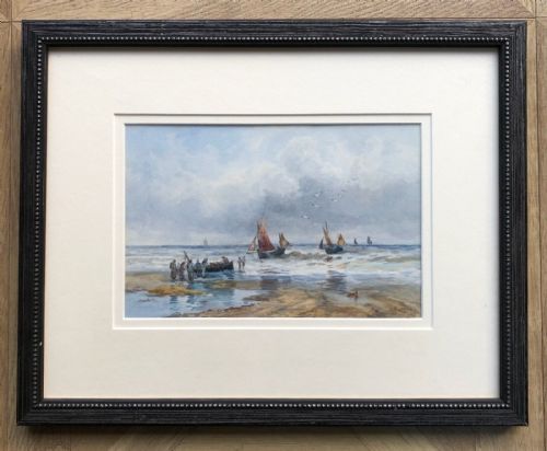 A Moore Signed Original 19th Century Antique Watercolour Painting 'Landing the Fish' English Seascape