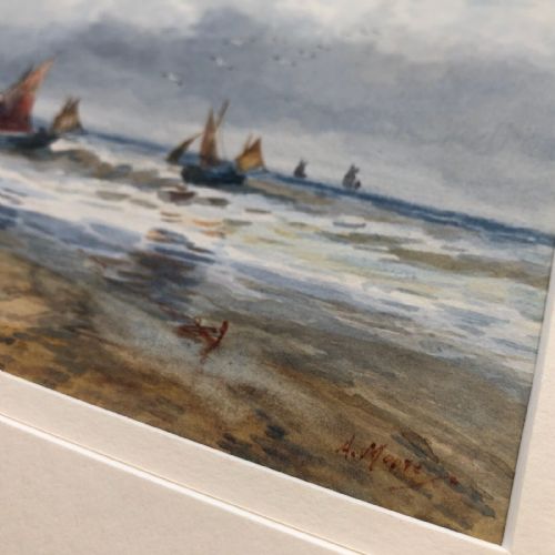 fig 1. A Moore Signed Original 19th Century Antique Watercolour Painting 'Landing the Fish' English Seascape