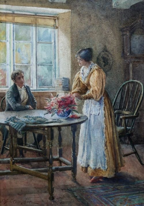 James Shaw Crompton Ri Signed Original 19th Century Antique Watercolour Painting Interior Scene & Figures