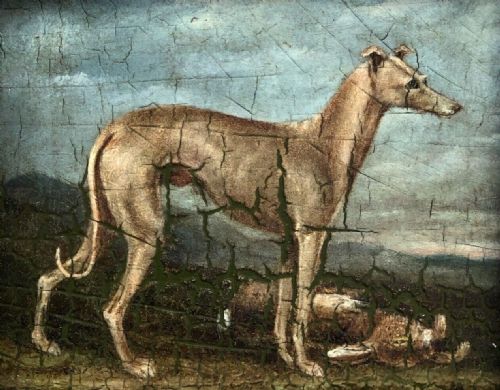 fig 1. Circa early 18th Century Portrait of a Champion Greyhound 'The Miller' Original Oil Painting on Wood Panel