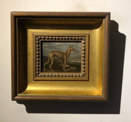 fig 2. Circa early 18th Century Portrait of a Champion Greyhound 'The Miller' Original Oil Painting on Wood Panel