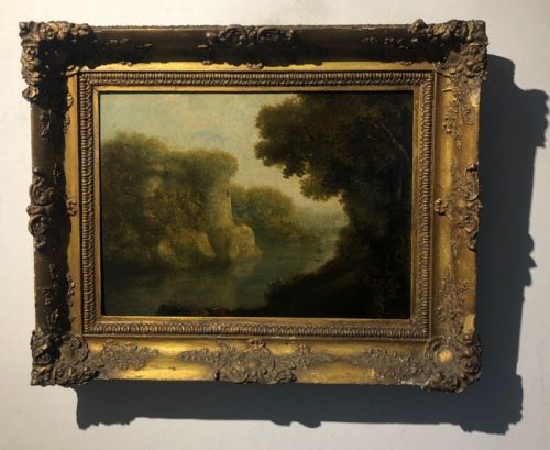 fig 1. Attributed to James Arthur O'Connor Original 19th Century Irish Antique Oil Painting on Wood Panel River Landscape View with Stone Tower