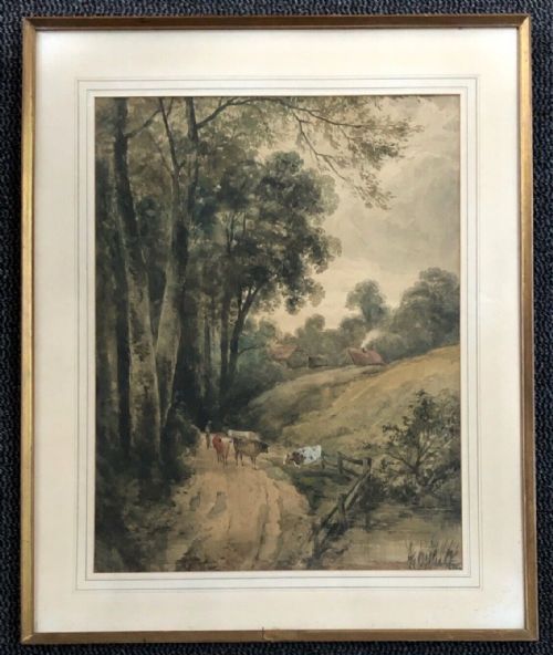 fig 1. Attributed to David Cox Senior Original early 19th Century Antique Watercolour Painting Farm & Sheep Landscape, Wax Stamps verso