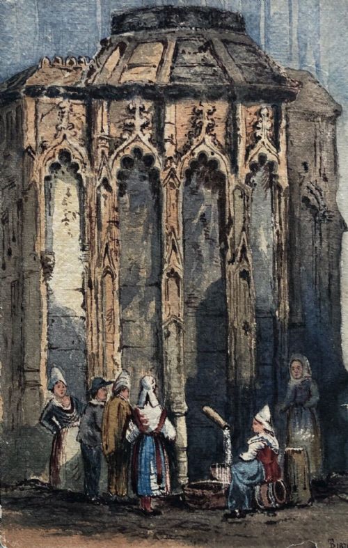 Thomas Dudley Monogrammed Original 19th Century Antique Watercolour Painting Figures at Fontaine in Rouen Historical Architectural Study
