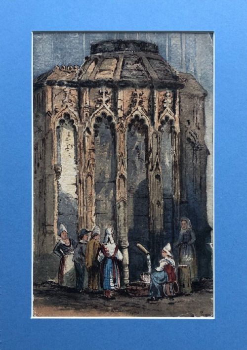 fig 1. Thomas Dudley Monogrammed Original 19th Century Antique Watercolour Painting Figures at Fontaine in Rouen Historical Architectural Study