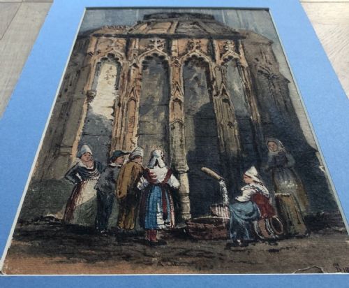 fig 2. Thomas Dudley Monogrammed Original 19th Century Antique Watercolour Painting Figures at Fontaine in Rouen Historical Architectural Study