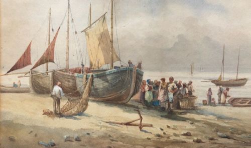 Original 19th Century English Antique Watercolour Painting 'Landing the Fish' Seascape with Figures
