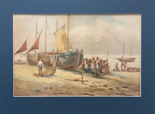 fig 1. Original 19th Century English Antique Watercolour Painting 'Landing the Fish' Seascape with Figures