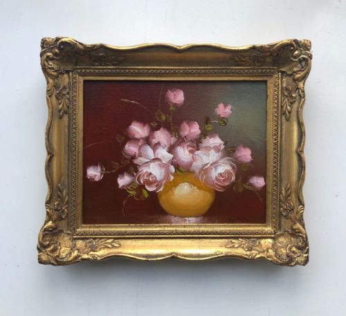 Indistinctly Signed Mid 20th Century Oil Painting on Canvas Attached to Board Still Life Study of Pink Roses in a Yellow Bowl