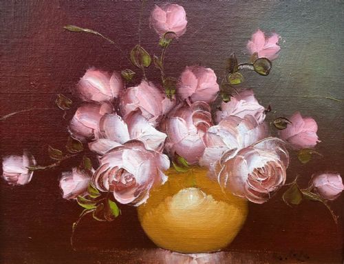 fig 1. Indistinctly Signed Mid 20th Century Oil Painting on Canvas attached to Board Still Life Study of Pink Roses in a Yellow Bowl