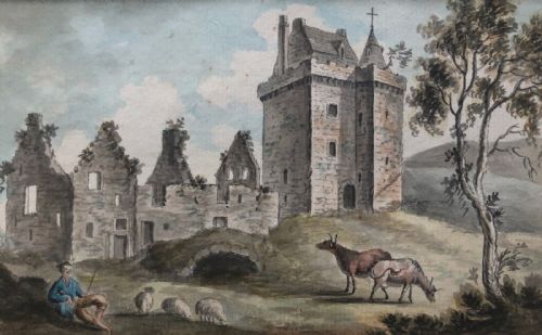 Attributed to William Bielby 18th Century Original Antique Watercolour Painting Cattle & Sheep with Shepherd in a Ruined Scottish Landscape