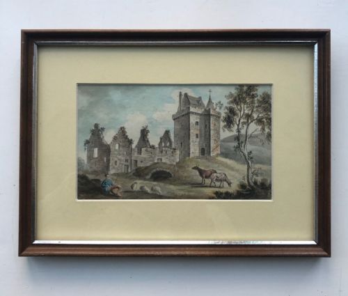 fig 1. Attributed to William Bielby 18th Century Original Antique Watercolour Painting Cattle & Sheep with Shepherd in a Ruined Scottish Landscape