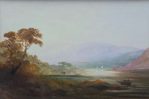 Original Antique Landscape Oil Painting on Card Castle & Boat Lake Landscape 2