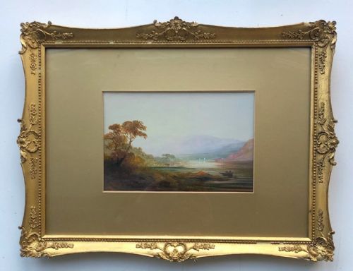 fig 1. Original Antique Landscape Oil Painting on Card Castle & Boat Lake Landscape 2
