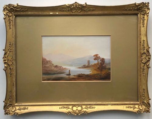 fig 1. Original early 20th century Antique Oil Painting on Card Castle & Boat in a Lake Scottish Landscape