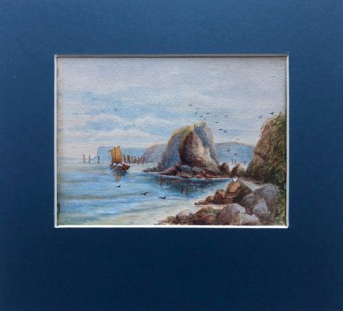 fig 1. Original Antique Watercolour Painting English South Coast Landscape possibly Cornwall or Devon Seascape No.5