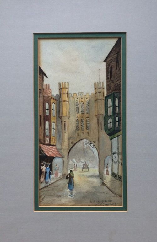 fig 1. Lillian Dixon Signed 1923 Original Antique Watercolour Painting Historic Medieval City Gatehouse