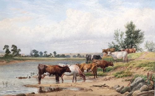 James Walsham Baldock Signed 1880 Original 19th Century Antique Watercolour Painting Cattle Watering in River Trent Notts Near Barton English Landscape