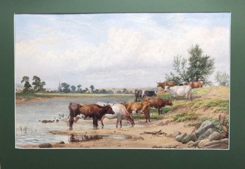 fig 1. James Walsham Baldock Signed 1880 Original 19th Century Antique Watercolour Painting Cattle Watering in River Trent Notts near Barton English Landscape