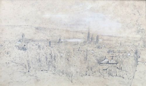 fig 1. Attributed to Henry Edridge Original late 18th Century Antique Pencil Drawing, Rouen Skyline French Landscape, Thomas Agnew & Sons, Manchester Provenance