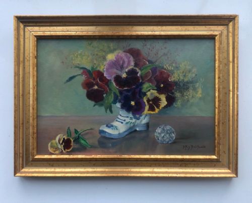 Original Signed Mid 20th Century Oil Painting on Board of Flowers, Still Life Study of Pansies