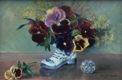 fig 1. Original Signed Mid 20th Century Oil Painting on Board of Flowers, Still Life Study of Pansies