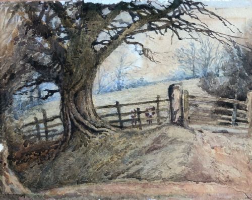 Indistinctly Signed & Dated 1904 Original Antique Watercolour Painting Cattle by a Fence in a Tree Landscape