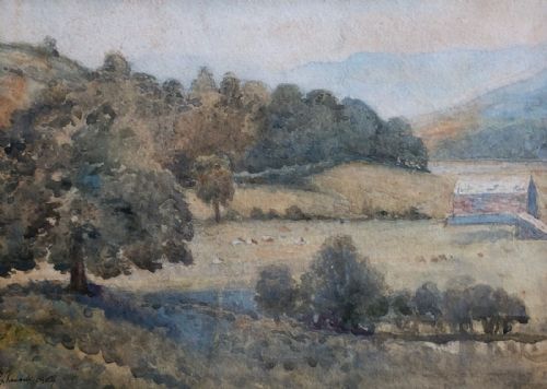 Indistinctly Signed and Dated 1904 Original Early 20th Century Antique Watercolour Painting Distant Cattle Tree Landscape
