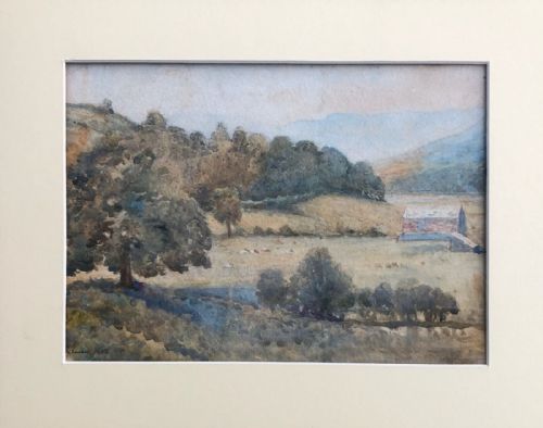 fig 1. Indistinctly Signed and Dated 1904 Original early 20th Century Antique Watercolour Painting Distant Cattle Tree Landscape