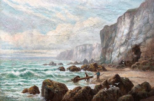 Cyril Tempest Signed Original 19th Century English Antique Oil Painting on Canvas Yorkshire Figures & Coast Seascape Landscape