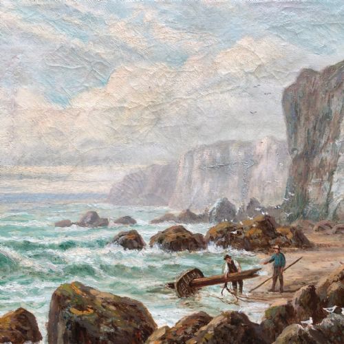 fig 1. Cyril Tempest Signed Original 19th Century English Antique Oil Painting on Canvas Yorkshire Figures & Coast Seascape Landscape