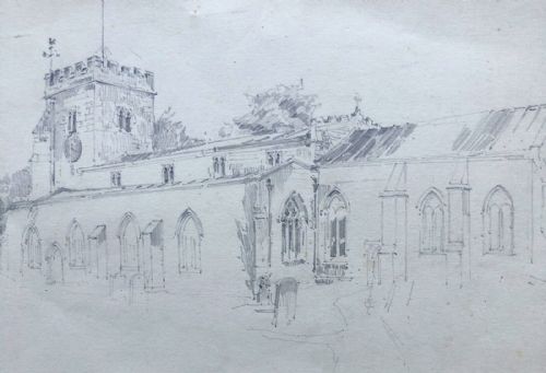 fig 1. Edwin Ridsdale Tate Original Antique Pencil Sketch Architectural Study of Aldborough Church, Nr Boroughbridge North Yorkshire