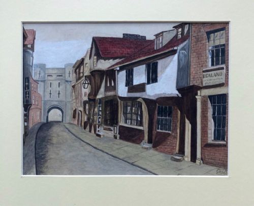 fig 1. Original Signed Antique Watercolour study of High Petergate and Bootham Bar, York, Yorkshire Street Landscape