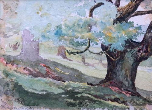 Original Antique Watercolour Painting Titled Indistinctly, Park and Tree Landscape