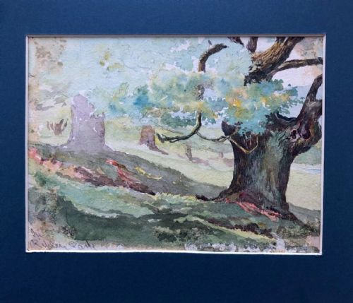 fig 1. Original Antique Watercolour Painting Titled Indistinctly, Park and Tree Landscape