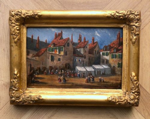 fig 1. Original 19th Century Antique Oil Painting Possibly Dutch Figures in a Town Square Indistinctly Initalled