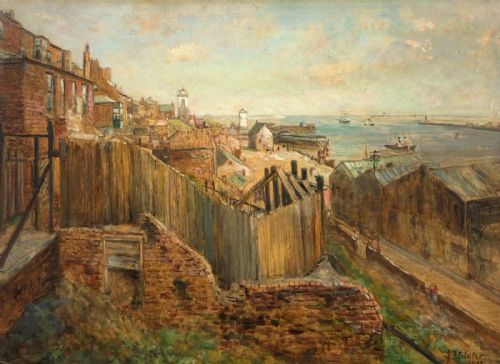 John Falconer Slater Signed, Original Early 20th Century Antique Oil Painting on Board, North Shields, British Northern Art Seascape