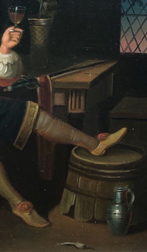 fig 1. Manner of Franz van Mieris Antique Original Oil Painting on metal Panel Dutch Gentleman Drinking in a Tavern