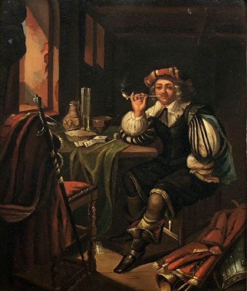 Manner of Franz Van Mieris Antique Original Oil Painting on Metal Panel Portrait of a Dutch Gentleman Smoking by a Window