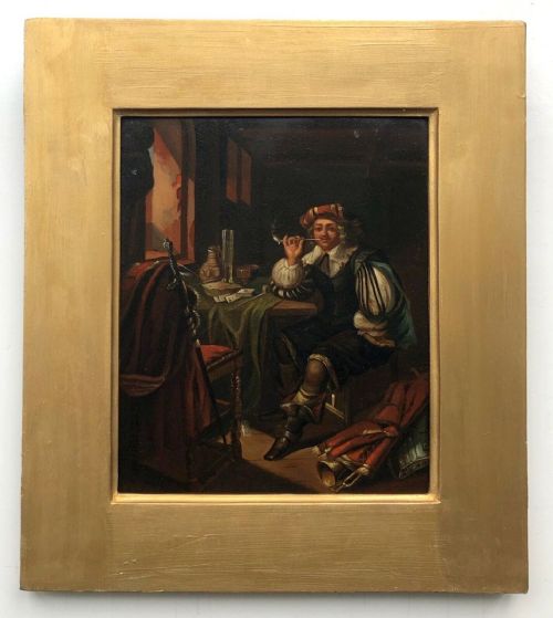 fig 1. Manner of Franz van Mieris Antique Original Oil Painting on Metal Panel Portrait of a Dutch Gentleman Smoking by a Window