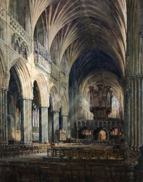 fig 1. W H Sweet Signed Original early 20th Century Antique Watercolour Painting Exeter Cathedral Interior Architectural Study