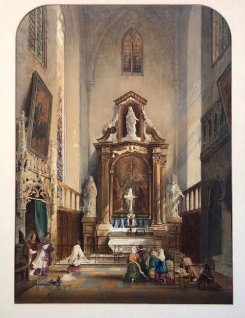 fig 1. Indistinctly Signed 1877 Original 19th Century Large Antique Watercolour Painting Cathedral Interior Architectural Study