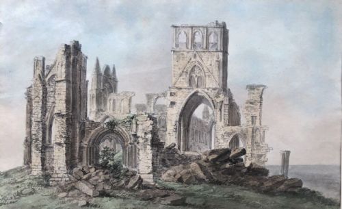 Original 18th Century Antique Watercolour Painting of Whitby Abbey, Yorkshire, with Central Tower