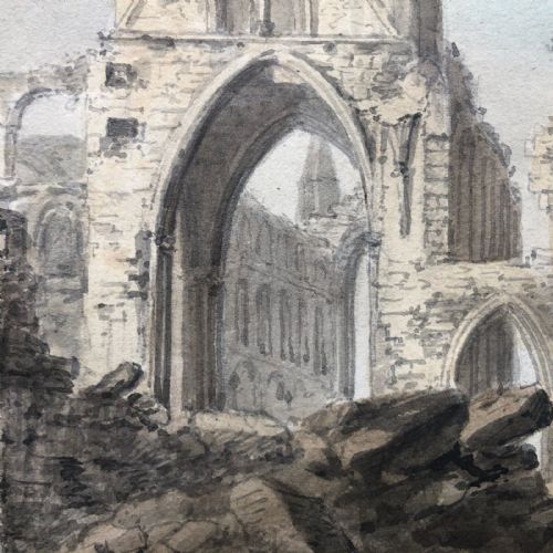 fig 1. Original 18th Century Antique Watercolour Painting of Whitby Abbey, Yorkshire, with Central Tower