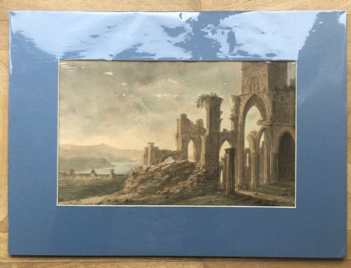 fig 1. Original 18th Antique Watercolour Painting Whitby Coastline Landscape View from the Abbey Ruin