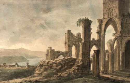 Original 18th Antique Watercolour Painting Whitby Coastline Landscape View from the Abbey Ruin