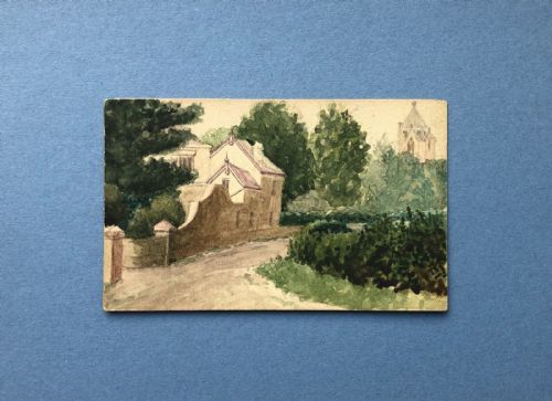 fig 1. Original Antique Watercolour Painting on a Plain Postcard from WW1 Period, A View of Clifford Village, near Bramham in Yorkshire