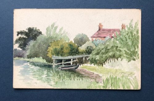 Original Antique Watercolour Painting by a Billeted Serviceman Ww1 Period Acaster Jetty York Landscape Painted on a Postcard