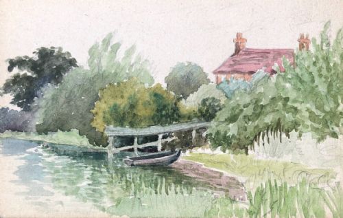 fig 1. Original Antique Watercolour Painting by a Billeted Serviceman WW1 Period Acaster Jetty York Landscape painted on a Postcard